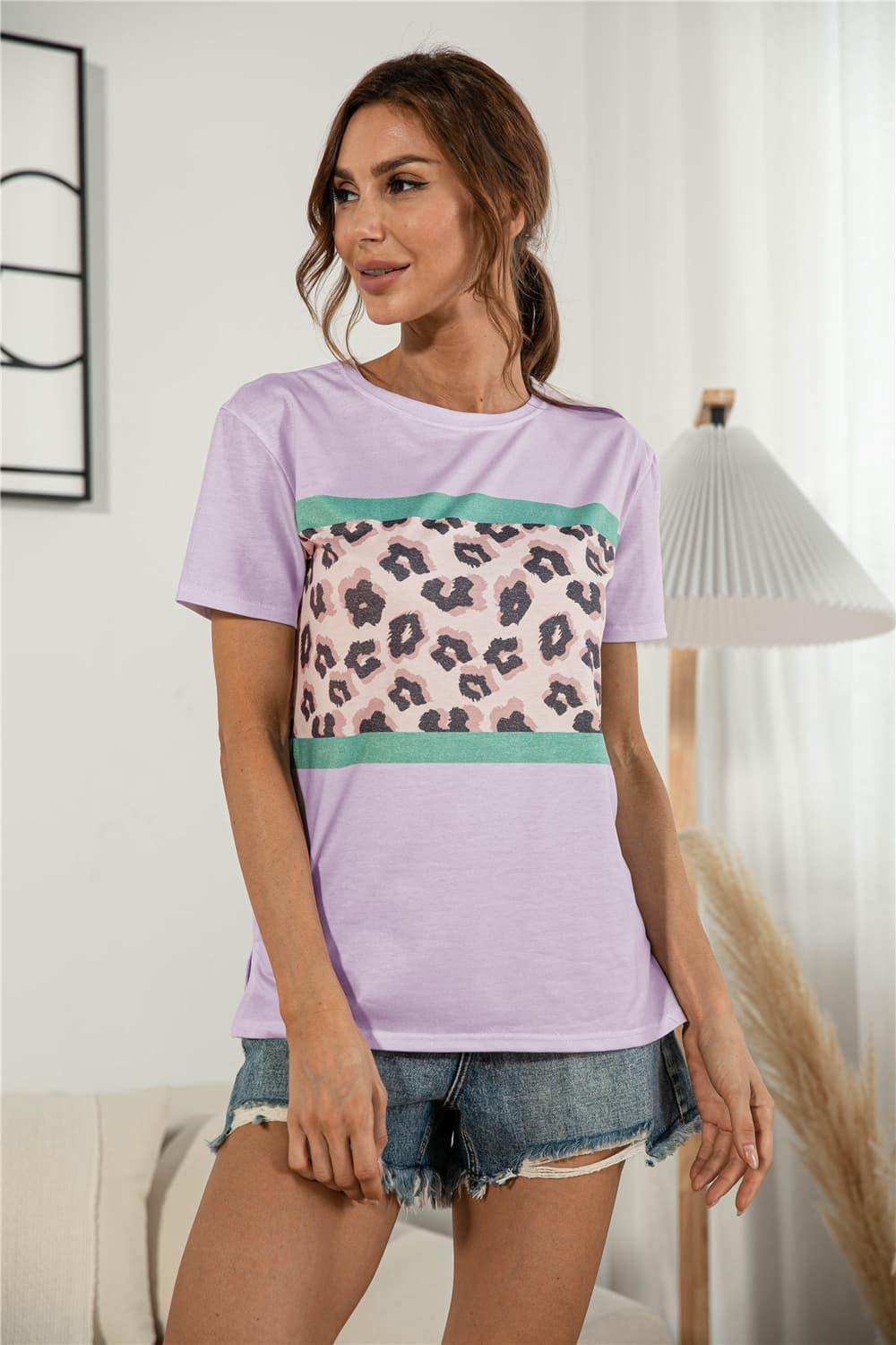 Leopard Color Block Side Slit Tee - Trendsi - Flyclothing LLC