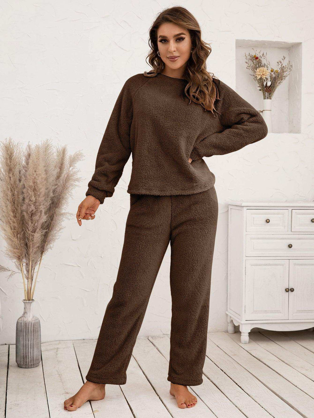 Teddy Long Sleeve Top and Pants Lounge Set - Trendsi - Flyclothing LLC