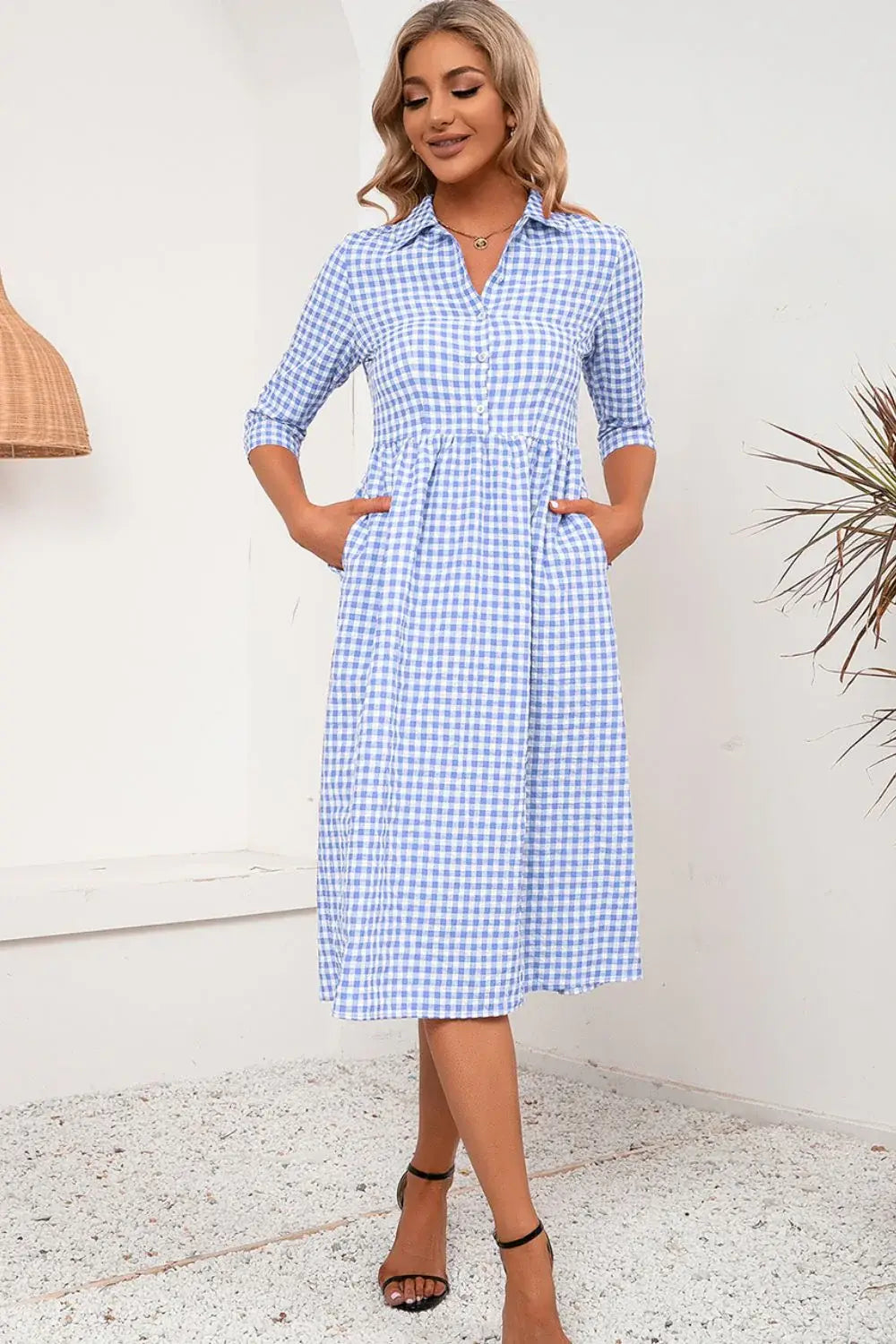 Plaid Collared Neck Midi Dress - Trendsi - Flyclothing LLC