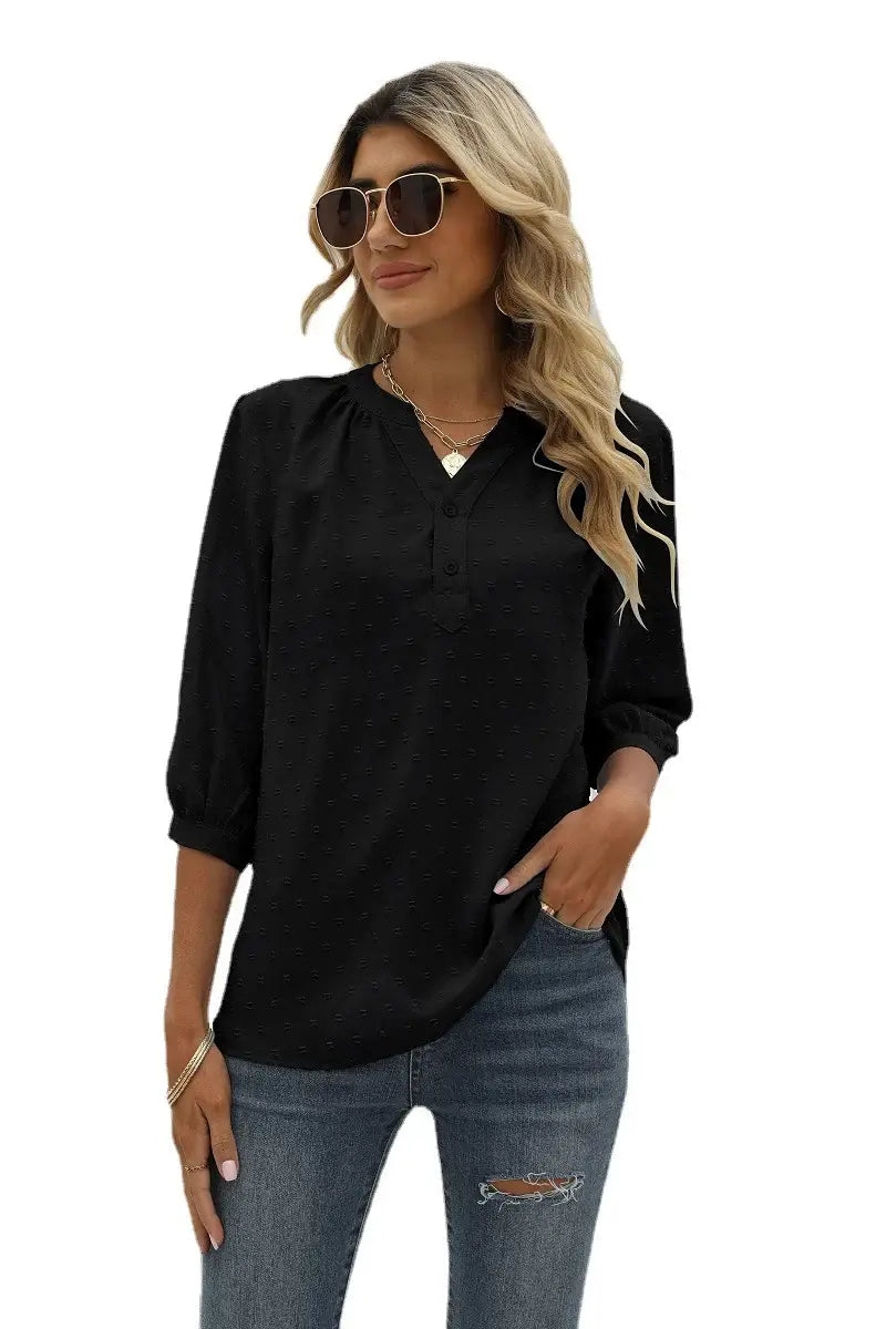 Swiss Dot Notched Neck Three-Quarter Sleeve Blouse - Trendsi - Flyclothing LLC