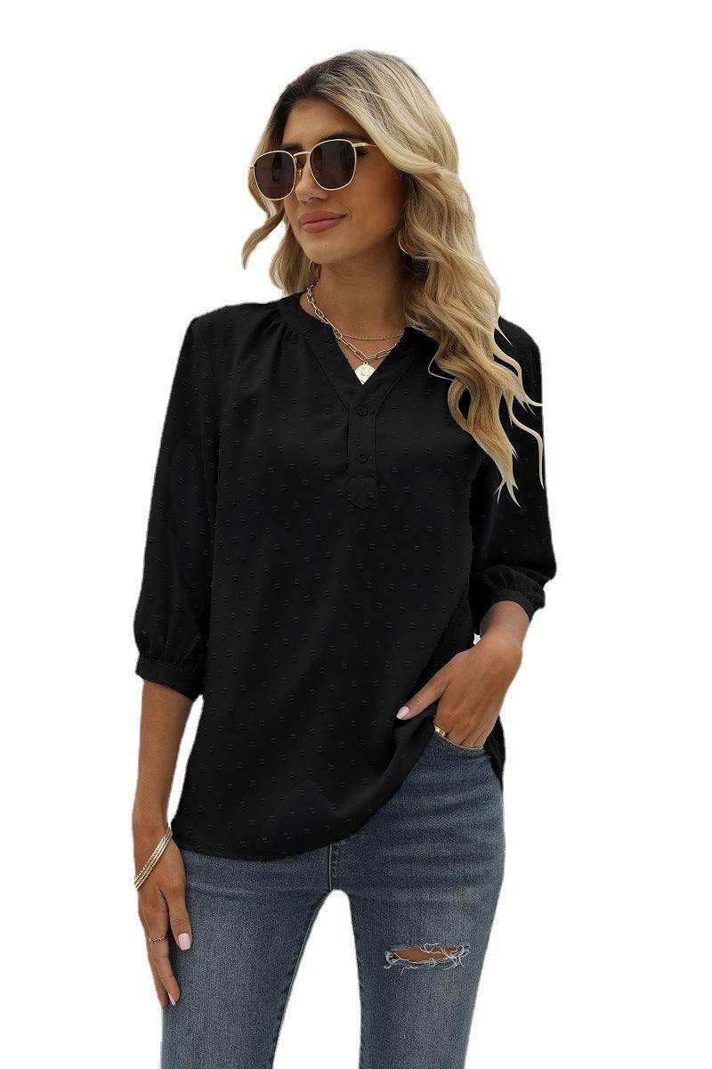 Swiss Dot Notched Neck Three-Quarter Sleeve Blouse - Trendsi - Flyclothing LLC