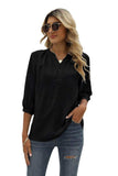 Swiss Dot Notched Neck Three-Quarter Sleeve Blouse - Trendsi - Flyclothing LLC