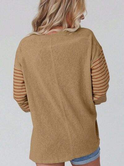 Round Neck Striped Long Sleeve Slit T-Shirt - Trendsi - Flyclothing LLC