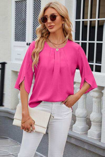 Round Neck Slit Half Sleeve Top - Trendsi - Flyclothing LLC