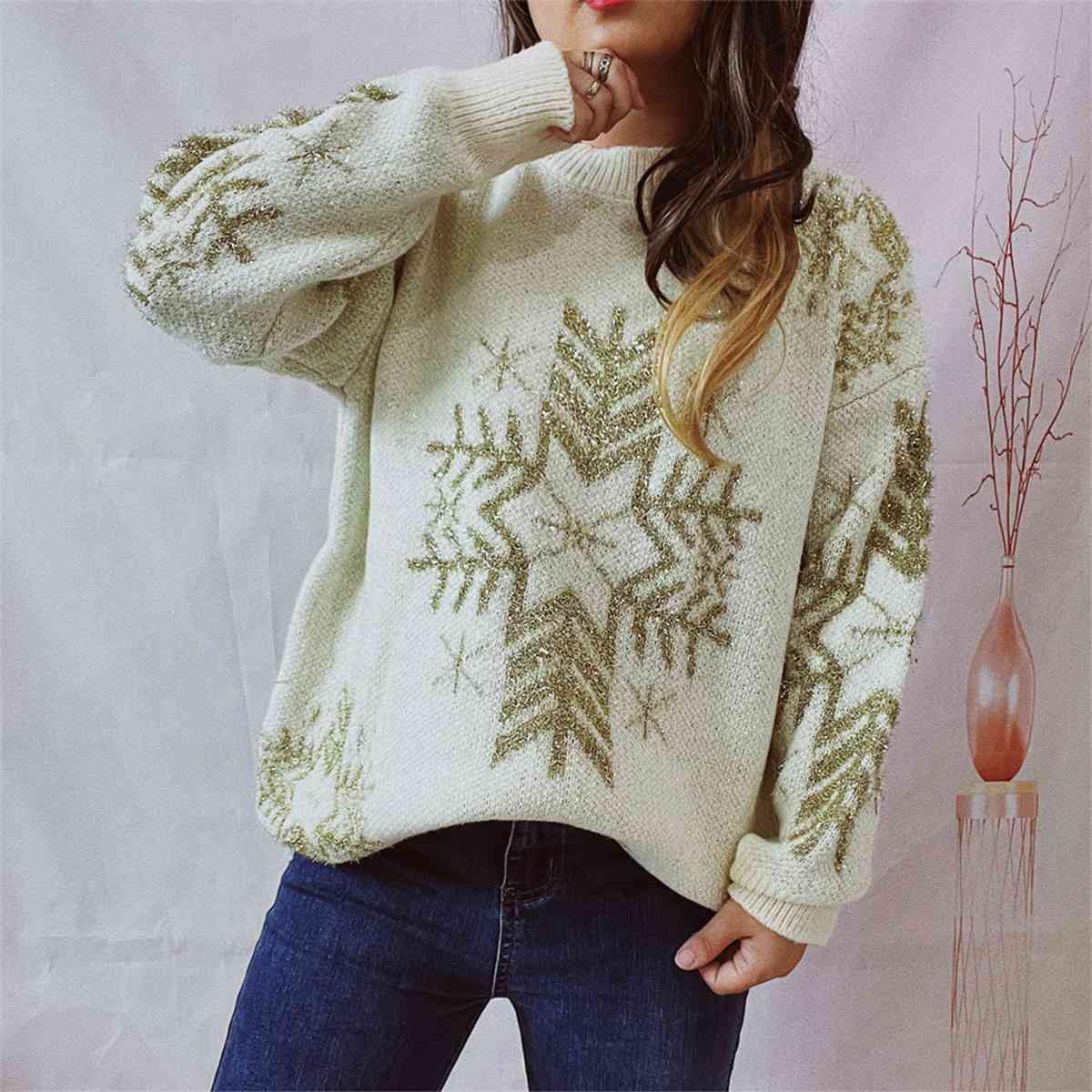 Snowflake Pattern Long Sleeve Sweater - Flyclothing LLC