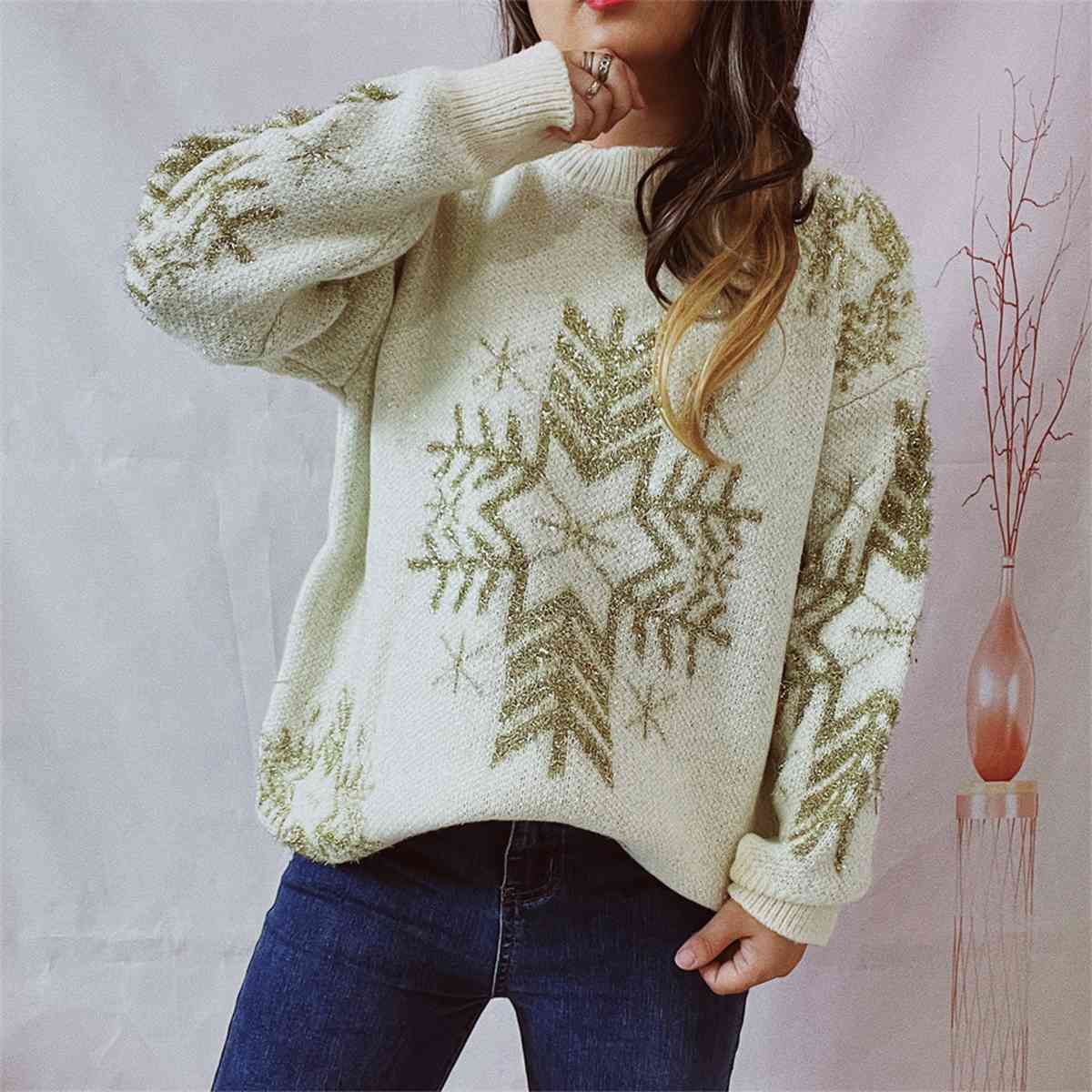 Snowflake Pattern Long Sleeve Sweater - Trendsi - Flyclothing LLC