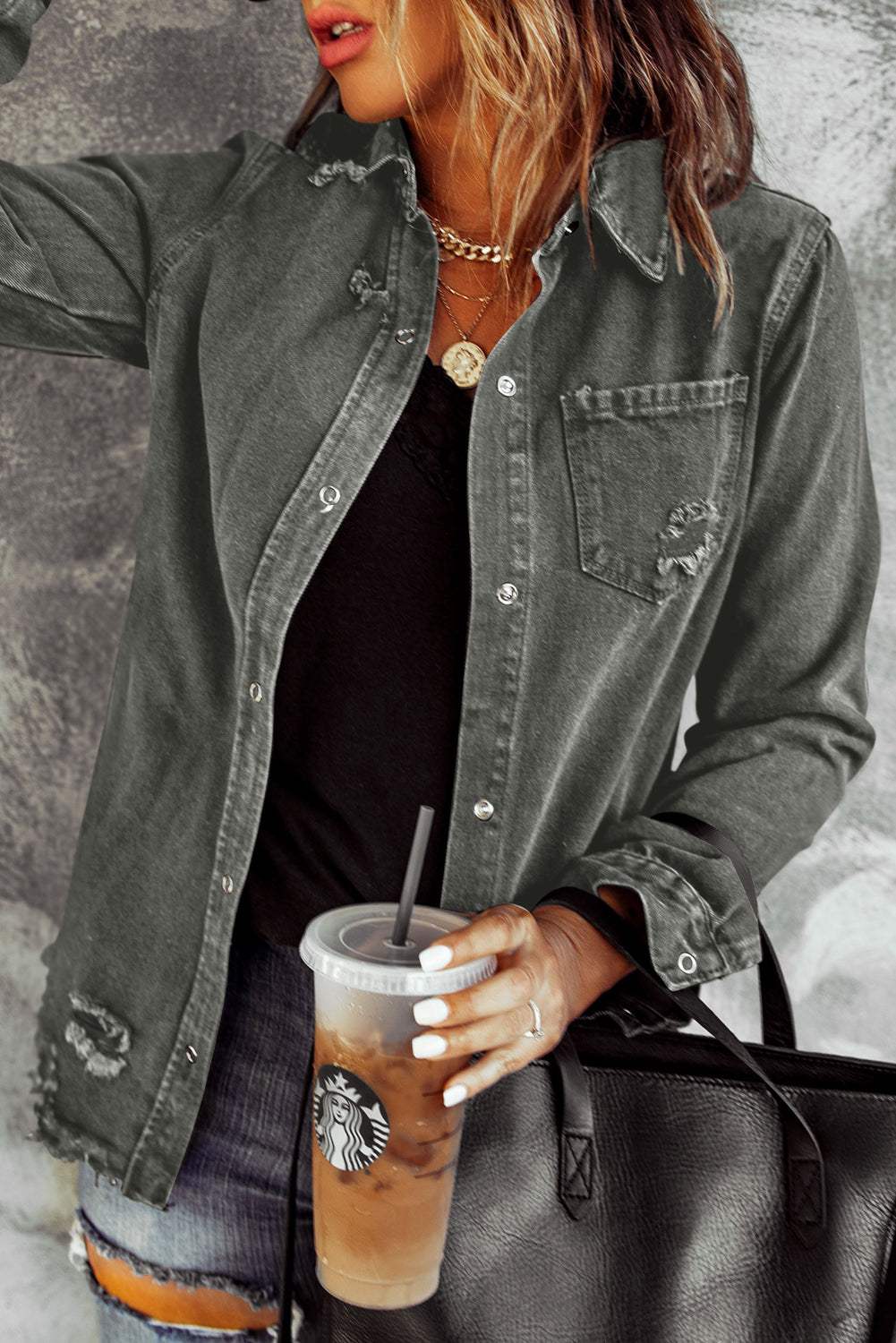 Distressed Raw Hem Snap Down Denim Jacket - Trendsi - Flyclothing LLC