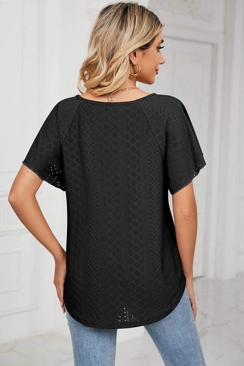 Eyelet Tie Neck Flutter Sleeve Blouse - Trendsi - Flyclothing LLC