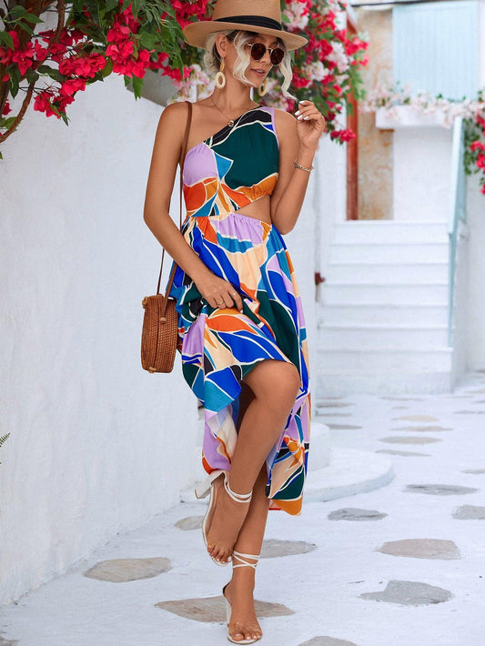 Printed Cutout One-Shoulder Sleeveless Dress - Trendsi