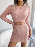 Cable-Knit Round Neck Top and Skirt Sweater Set - Trendsi