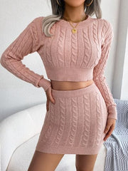 Cable-Knit Round Neck Top and Skirt Sweater Set - Trendsi