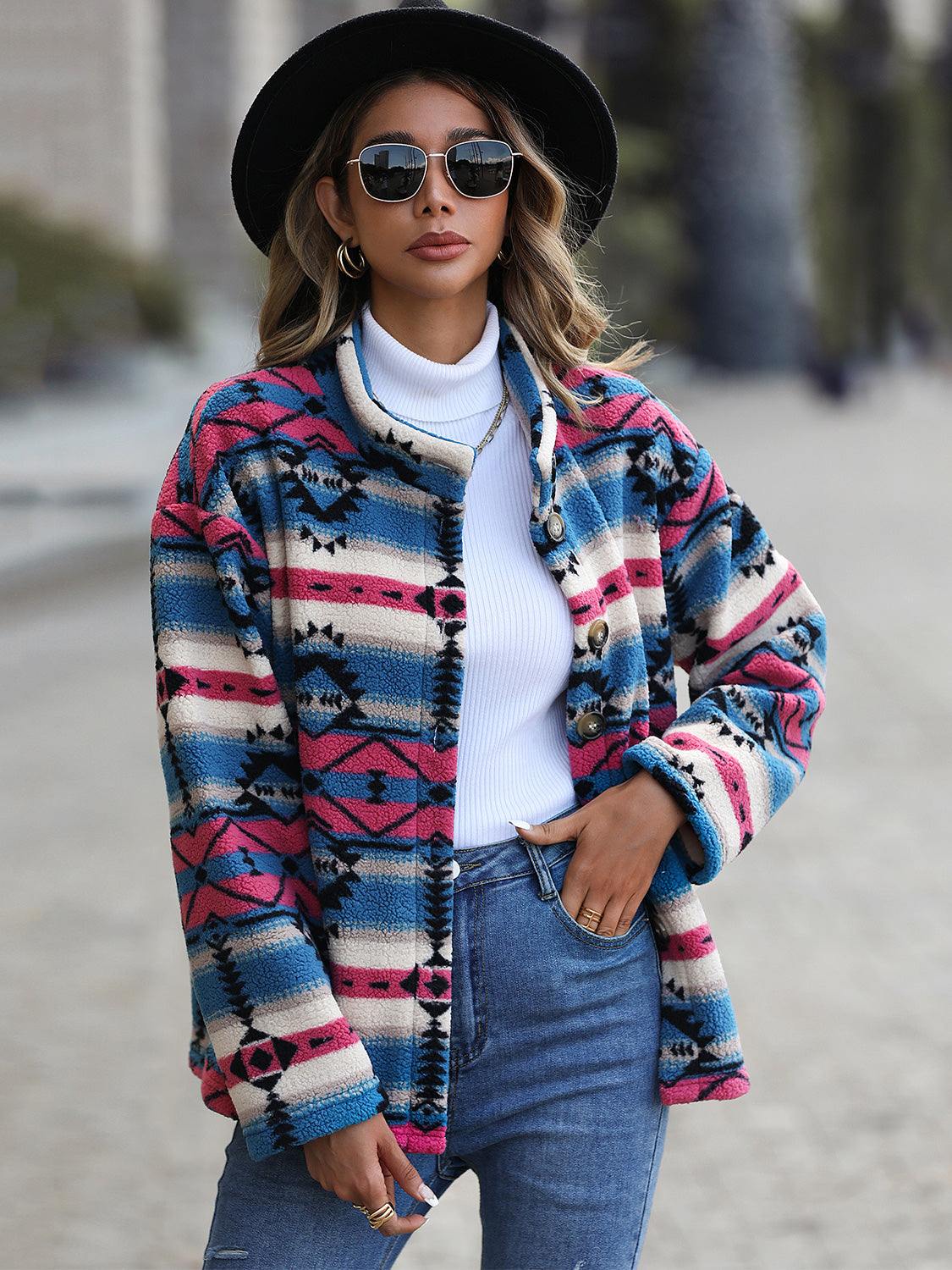 Geometric Button Down Dropped Shoulder Jacket - Trendsi