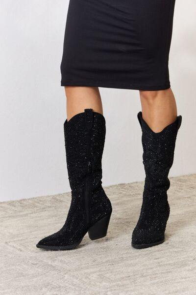 Forever Link Rhinestone Knee High Cowboy Boots - Trendsi