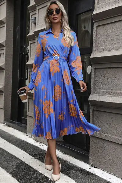 Floral Pleated Surplice Long Sleeve Midi Dress - Trendsi - Flyclothing LLC