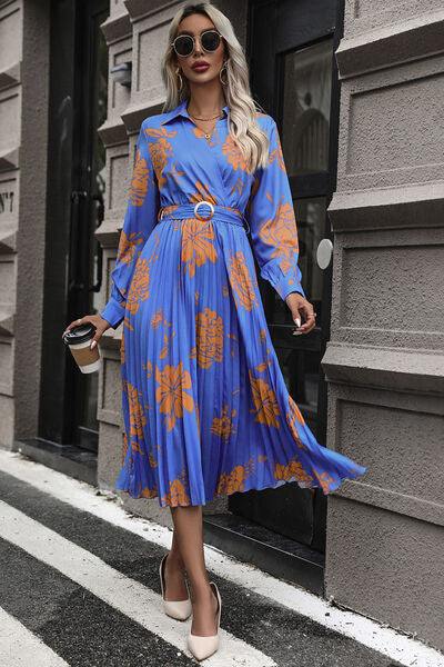 Floral Pleated Surplice Long Sleeve Midi Dress - Trendsi