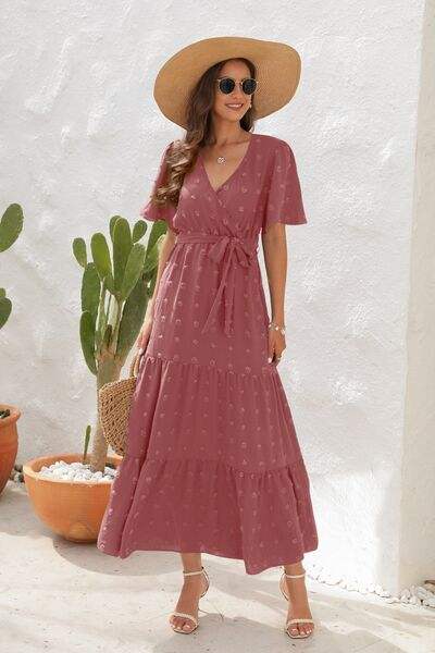 Swiss Dot Tied Surplice Short Sleeve Dress - Trendsi - Flyclothing LLC