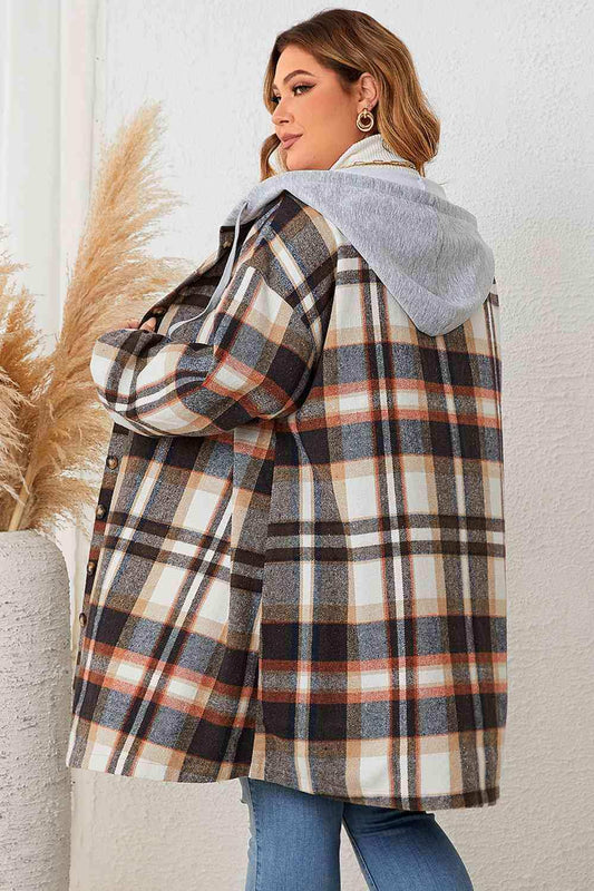 Plus Size Plaid Drop Shoulder Hooded Coat - Trendsi - Flyclothing LLC