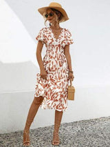 Printed V-Neck Short Sleeve Dress - Trendsi - Flyclothing LLC