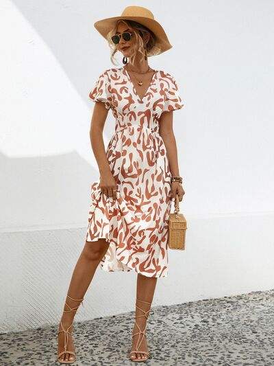 Printed V-Neck Short Sleeve Dress - Trendsi - Flyclothing LLC