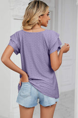 Eyelet V-Neck Short Sleeve T-Shirt - Trendsi - Flyclothing LLC