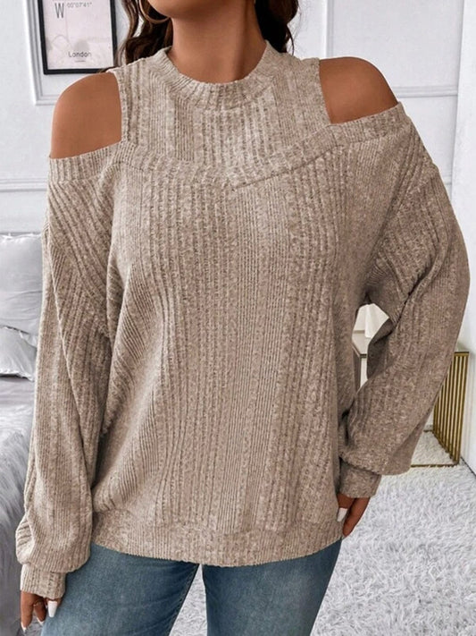 Round Neck Cold Shoulder Sweater - Trendsi
