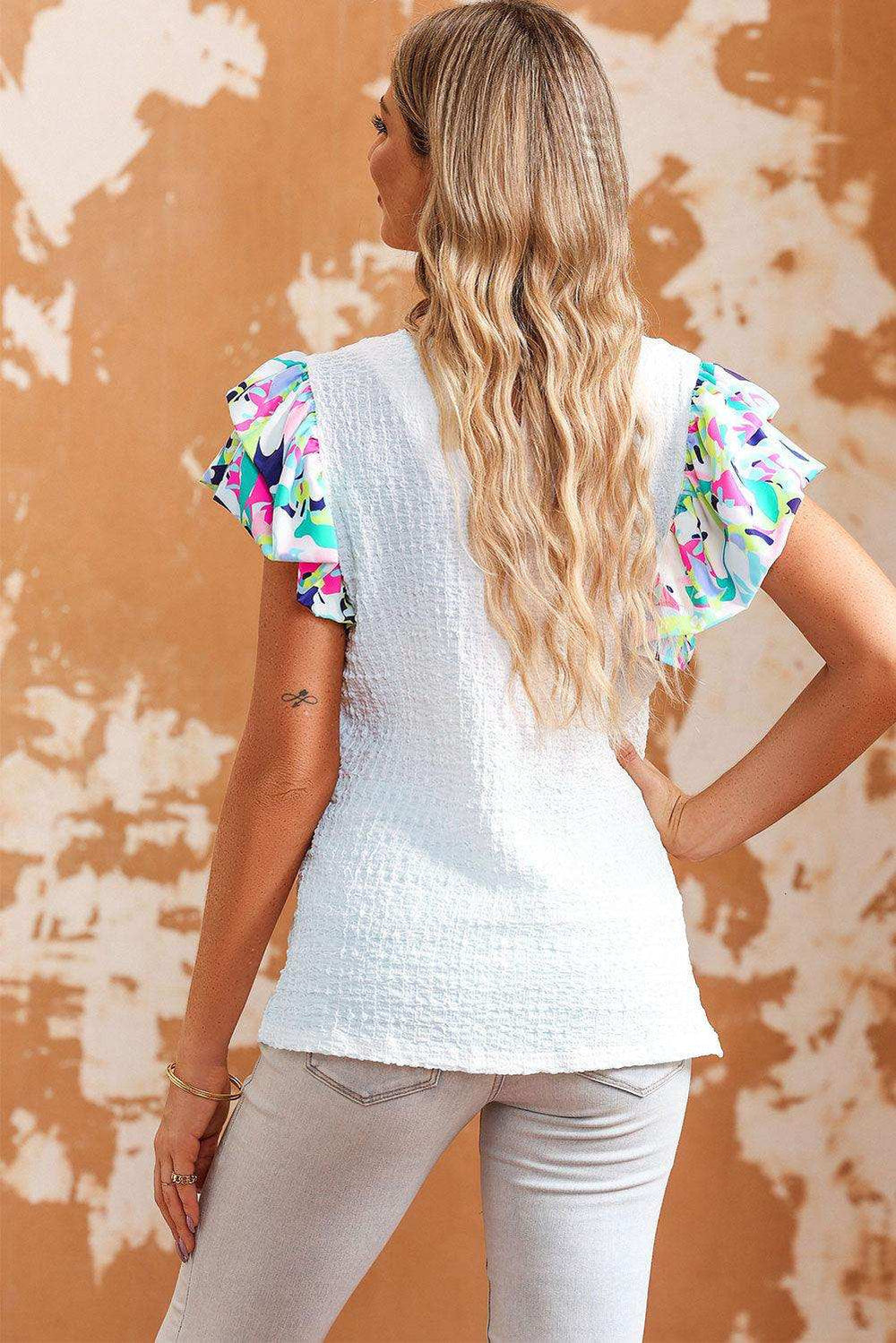 Multicolored Flutter Sleeve Round Neck Blouse - Trendsi - Flyclothing LLC