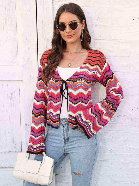 Striped Openwork Tied Cardigan - Trendsi - Flyclothing LLC