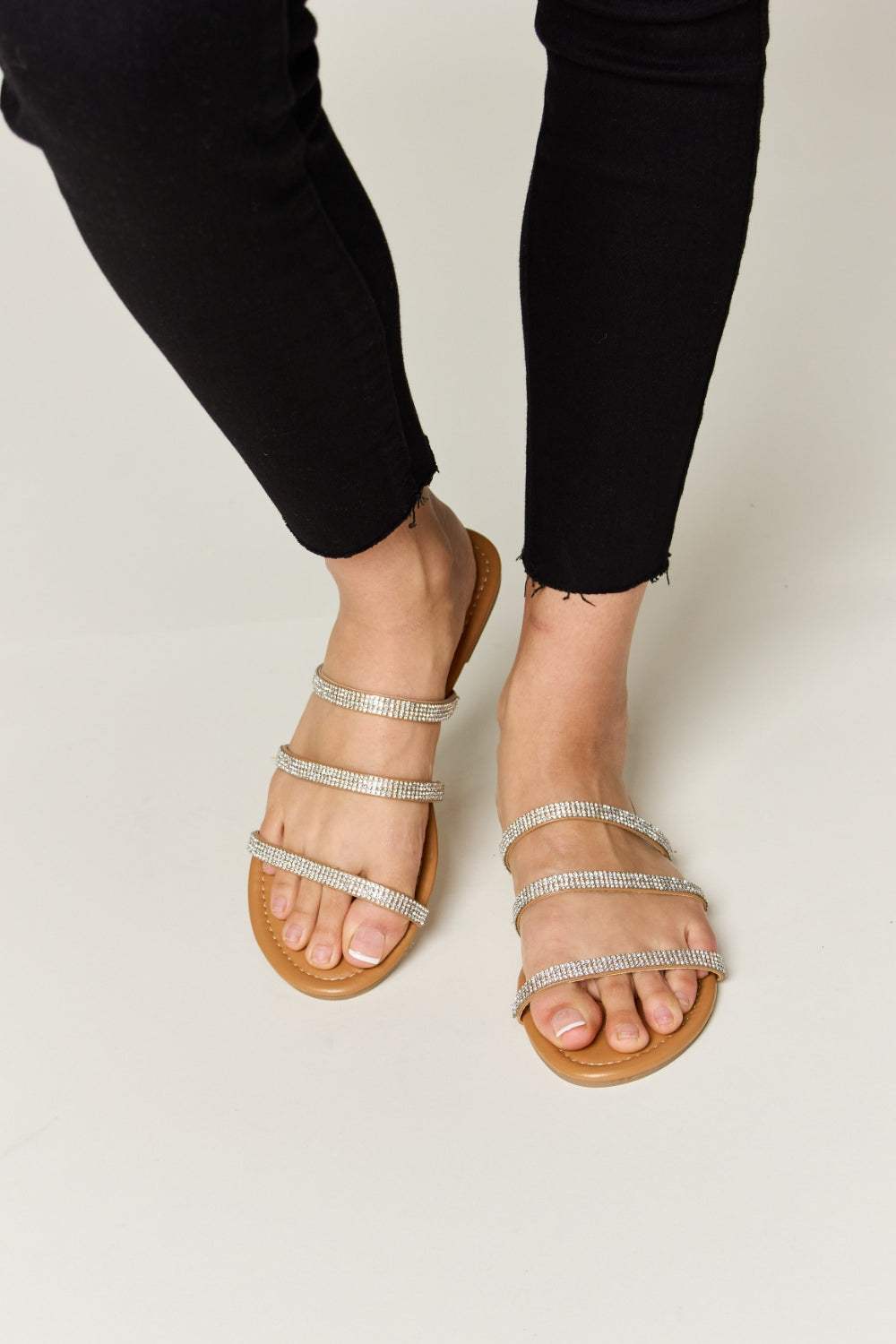 WILD DIVA Rhinestone Three-Strap Flat Sandals - Trendsi - Flyclothing LLC