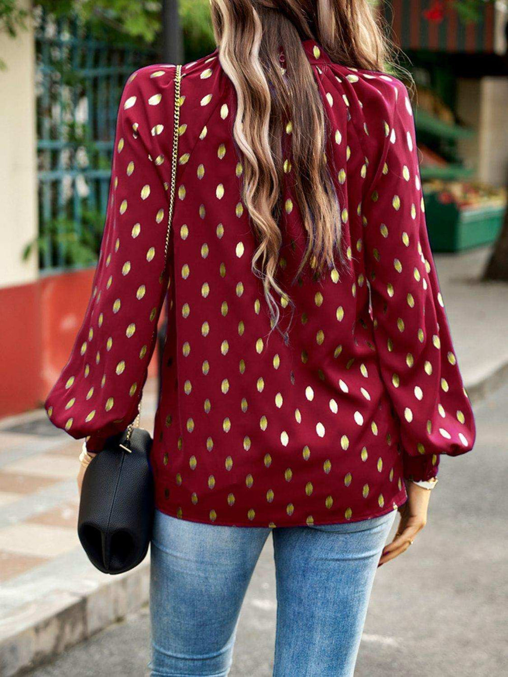 Mock Neck Cutout Lantern Sleeve Blouse - Trendsi - Flyclothing LLC