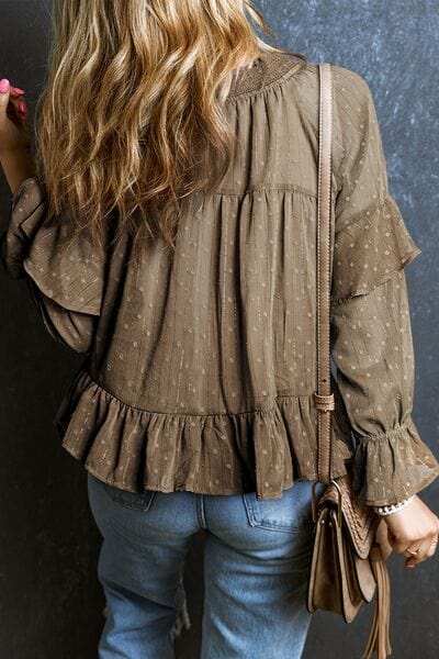 Swiss Dot Tie Neck Flounce Sleeve Blouse - Trendsi - Flyclothing LLC