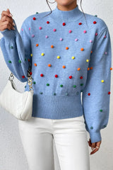 Pom-Pom Trim Mock Neck Long Sleeve Pullover Sweater - Trendsi - Flyclothing LLC