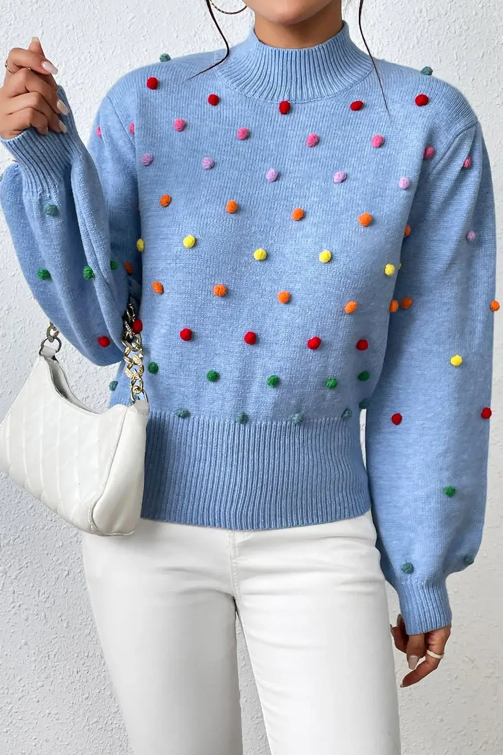 Pom-Pom Trim Mock Neck Long Sleeve Pullover Sweater - Trendsi - Flyclothing LLC