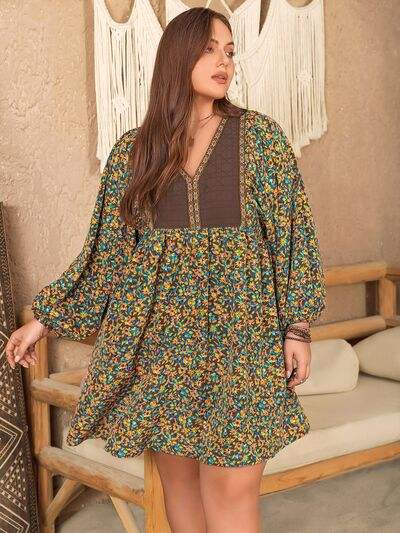 Plus Size V-Neck Balloon Sleeve Printed Mini Dress - Trendsi - Flyclothing LLC