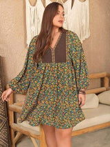 Plus Size V-Neck Balloon Sleeve Printed Mini Dress - Trendsi - Flyclothing LLC