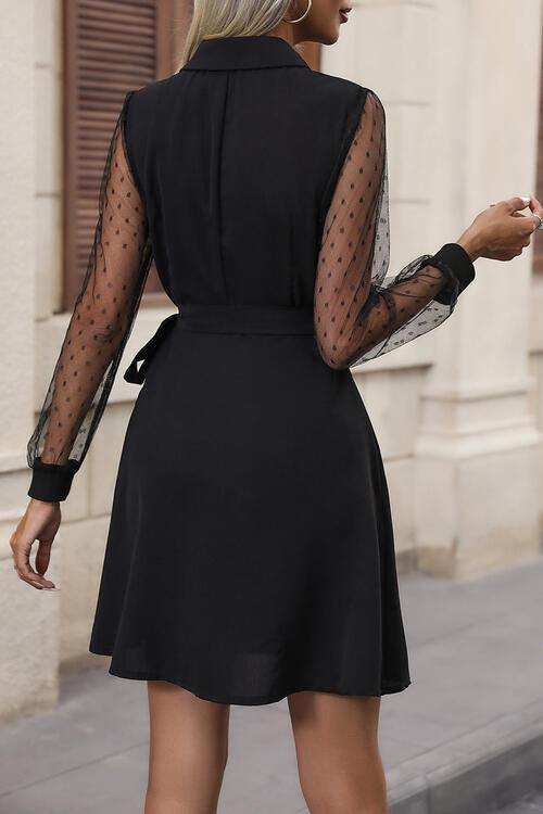Lapel Collar Tied Mesh Long Sleeve Dress - Trendsi - Flyclothing LLC