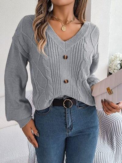 Cable-Knit Buttoned V-Neck Sweater - Trendsi