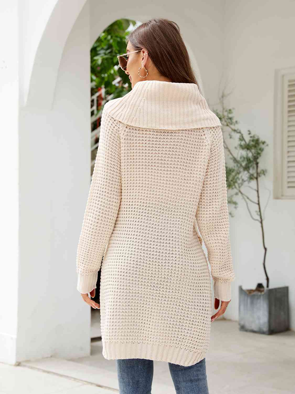 Turtleneck Waffle-Knit Slit Sweater Dress - Trendsi - Flyclothing LLC