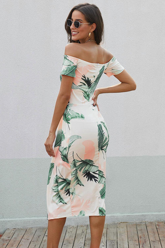 Printed Off-Shoulder Split Dress - Trendsi