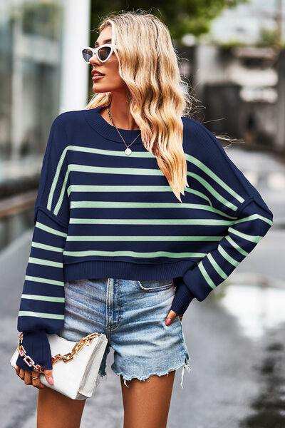 Striped Round Neck Drop Shoulder Slit Sweater - Trendsi
