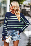 Striped Round Neck Drop Shoulder Slit Sweater - Trendsi