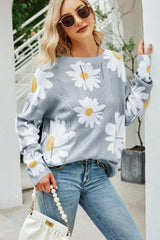 Daisy Print Openwork Round Neck Sweater - Trendsi