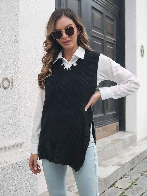 Frayed Hem Slit Sweater Vest - Trendsi - Flyclothing LLC