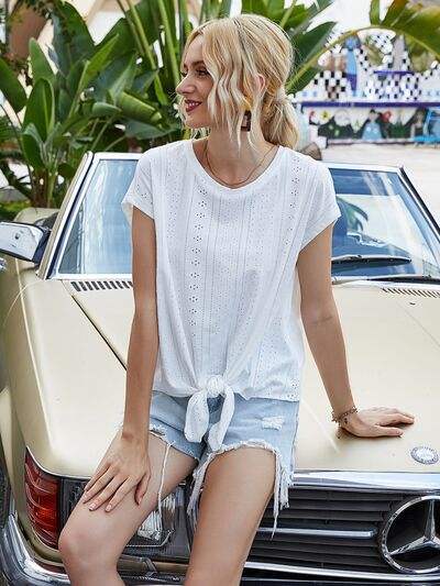 Tied Eyelet Round Neck Cap Sleeve T-Shirt - Trendsi - Flyclothing LLC