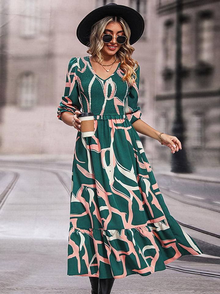 Printed Smocked V-Neck Three-Quarter Sleeve Midi Dress - Trendsi