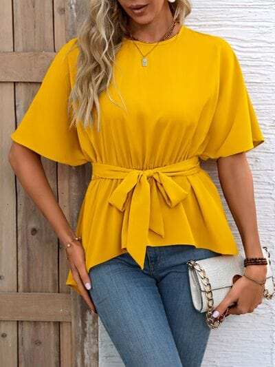 Tied Round Neck Half Sleeve Blouse - Trendsi - Flyclothing LLC
