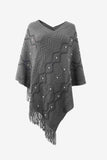 Pearl Trim V-Neck Fringe Hem Poncho - Trendsi - Flyclothing LLC