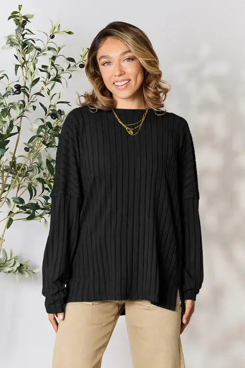 Basic Bae Full Size Ribbed Round Neck Slit T-Shirt - Trendsi - Flyclothing LLC