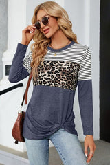 Leopard Striped Round Neck T-Shirt - Trendsi