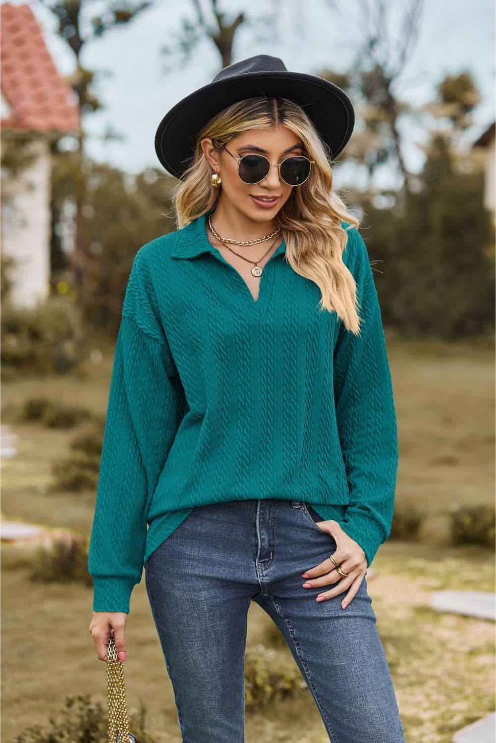 Collared Neck Cable-Knit Long Sleeve Blouse - Trendsi