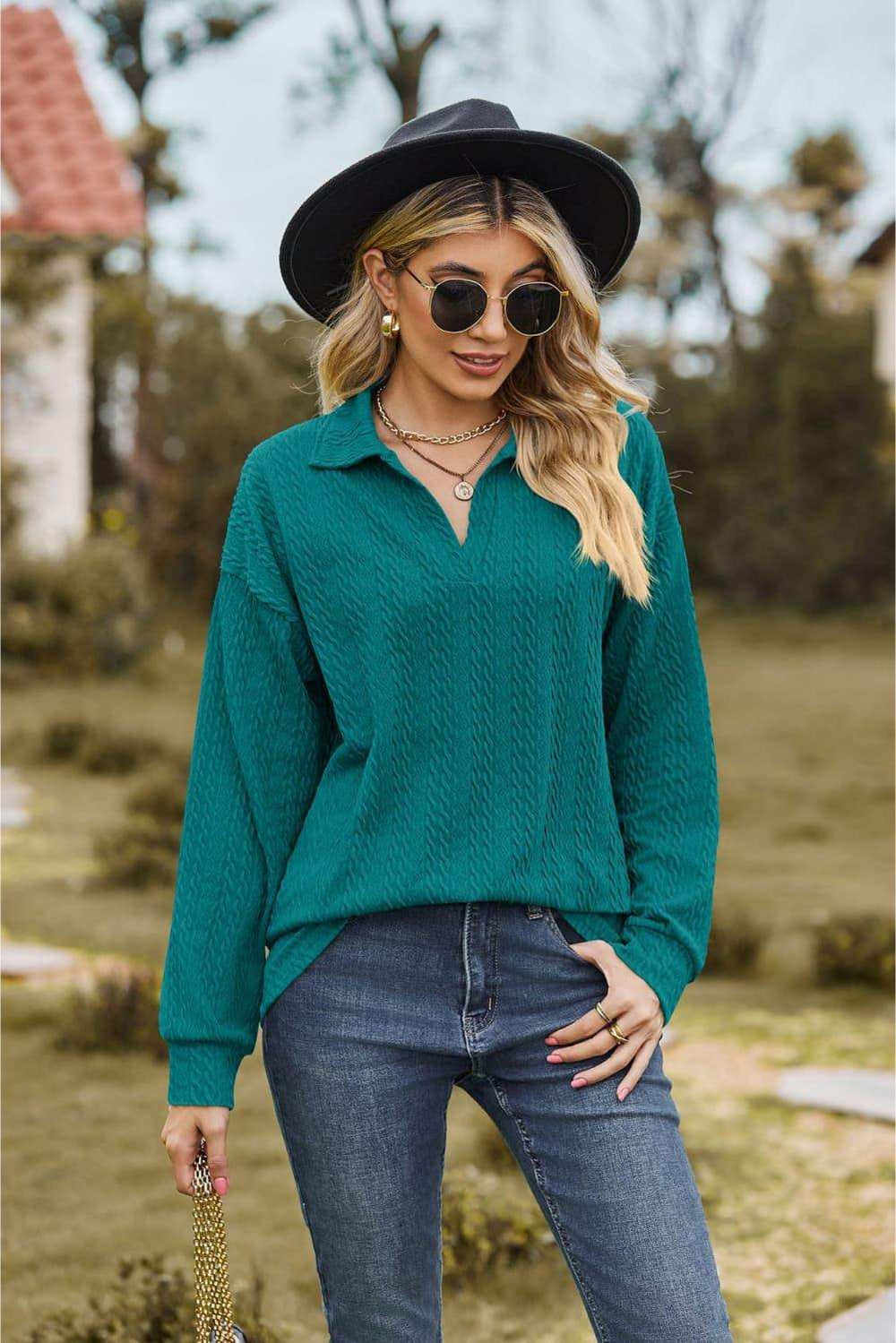 Collared Neck Cable-Knit Long Sleeve Blouse - Trendsi - Flyclothing LLC